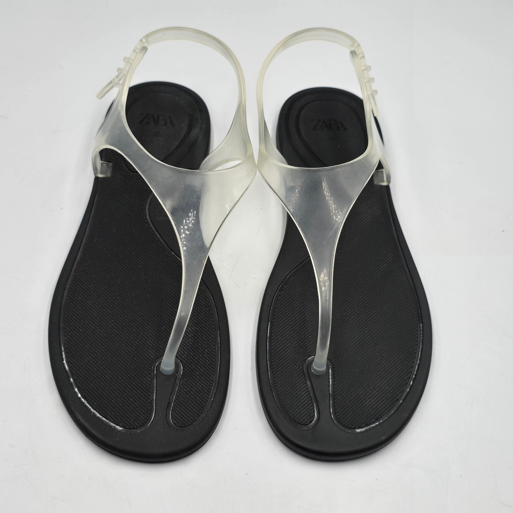 Zara Sandals Womens 38 Jelly T-Strap Black Clear EUC Summer Beach Comfort